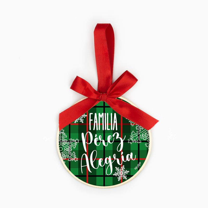 Bola Navidad MADERA Cuadros Rojos o Verdes, Familia personalizada - Mikeko