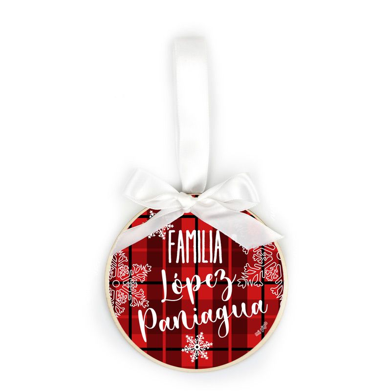 Bola Navidad MADERA Cuadros Rojos o Verdes, Familia personalizada - Mikeko