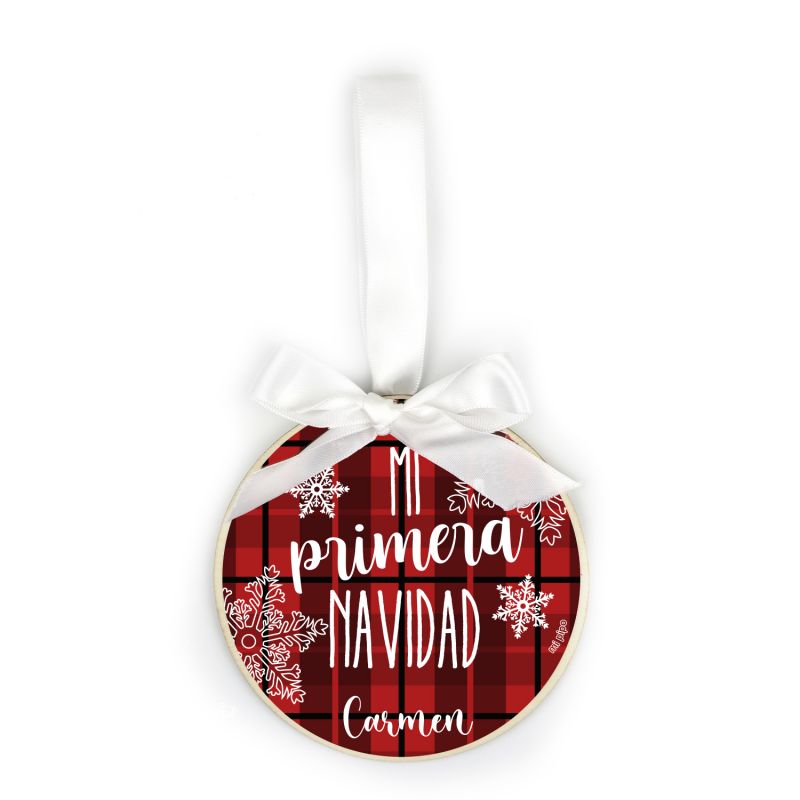 Bola Navidad MADERA Cuadros Rojos o Verdes, Mi primera Navidad personalizada - Mikeko