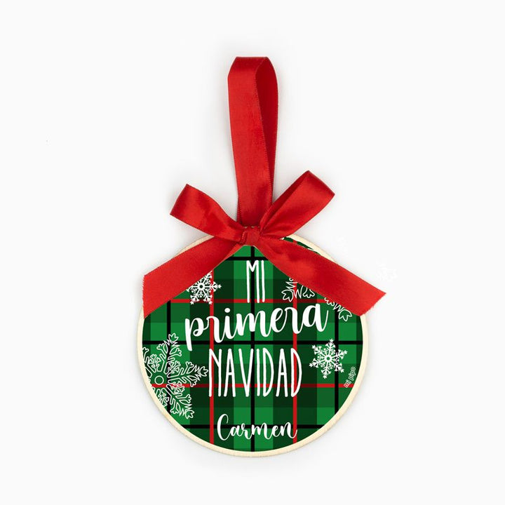 Bola Navidad MADERA Cuadros Rojos o Verdes, Mi primera Navidad personalizada - Mikeko