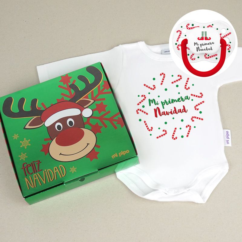 Cajita Navidad Body + Chupete New Classic Blanco Bastones Mi primera Navidad - Mikeko