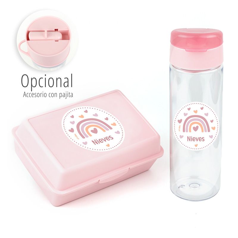 Pack Botella 600ml + Cajita Porta Alimentos Arcoíris Blush Rosa personalizadas