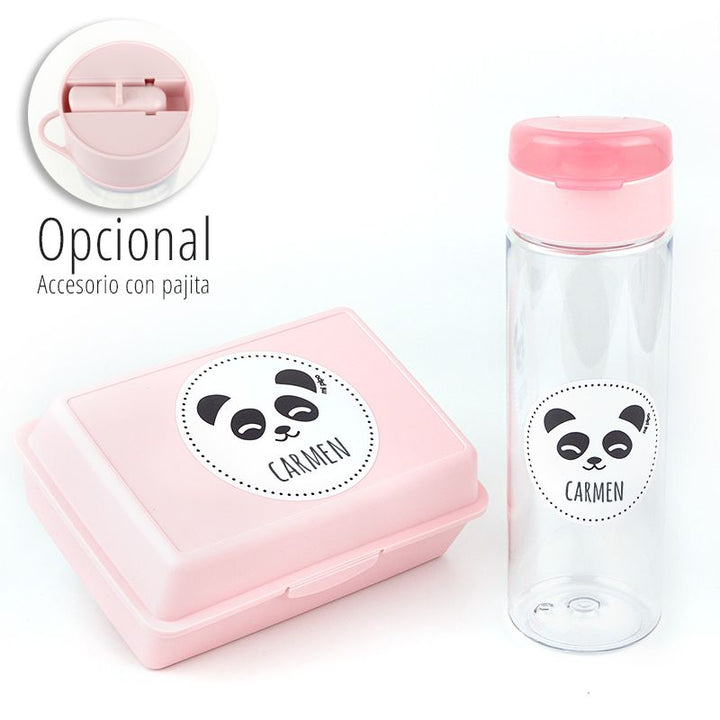 Pack Botella 600ml + Cajita Porta Alimentos Panda Rosa personalizadas