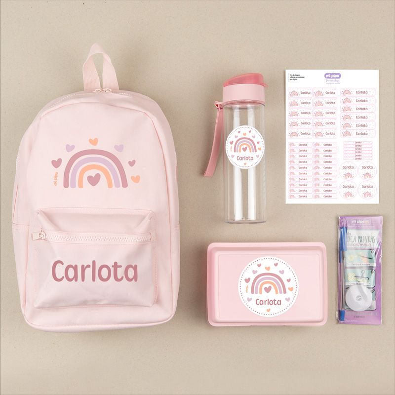 Pack Mi Equipo para el Cole con Mochila Arcoíris Blush personalizado + Regalo Marcaprendas