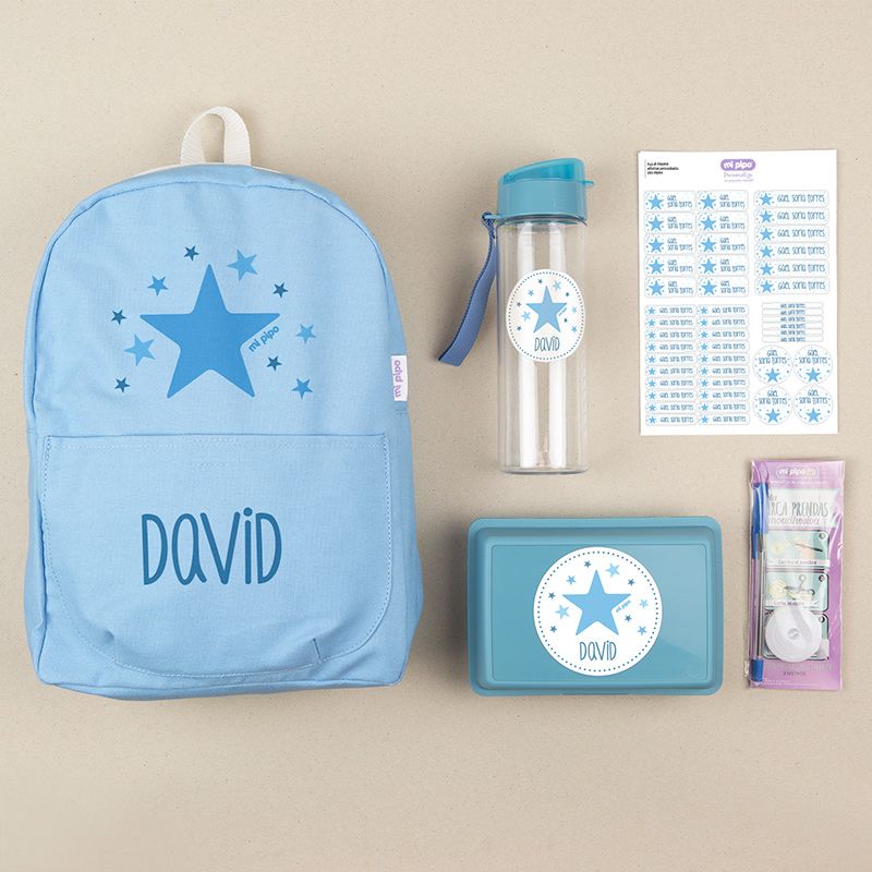 Pack Mi Equipo para el Cole con Mochila Estrella Azul personalizado + Regalo Marcaprendas