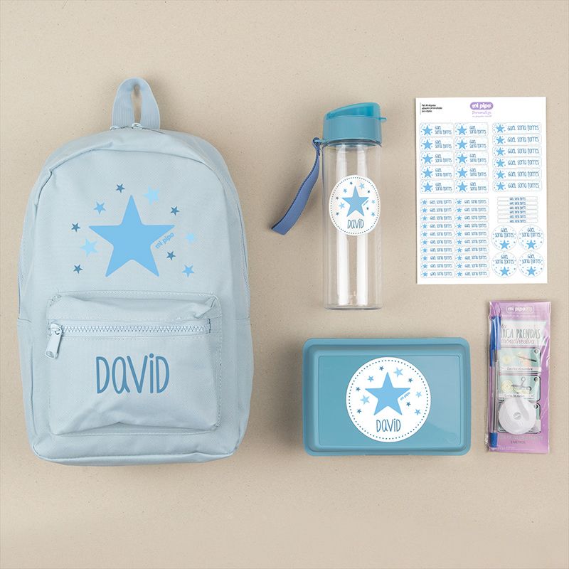 Pack Mi Equipo para el Cole con Mochila Estrella Azul personalizado + Regalo Marcaprendas