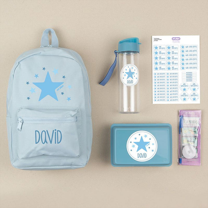 Pack Mi Equipo para el Cole con Mochila Estrella Azul personalizado + Regalo Marcaprendas