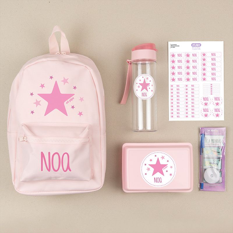 Pack Mi Equipo para el Cole con Mochila Estrella Rosa personalizado + Regalo Marcaprendas