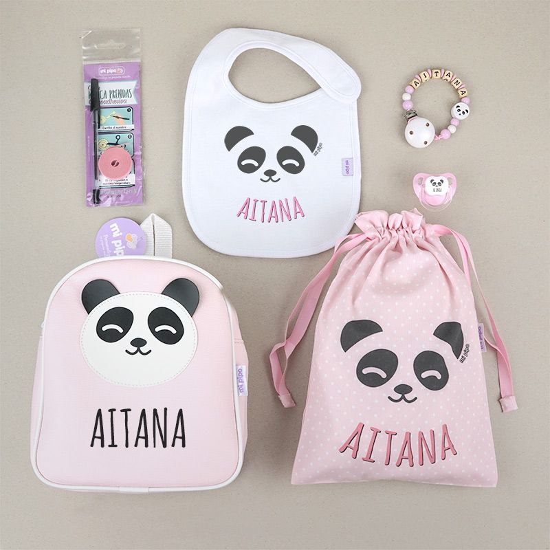 Pack Vamos al Cole personalizado Panda Rosa + Regalo Marcaprendas