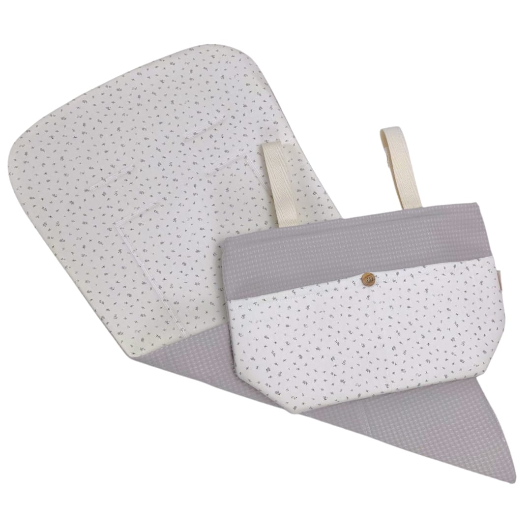 Colchoneta Reversible para silla + Bolso a juego florecitas new gris